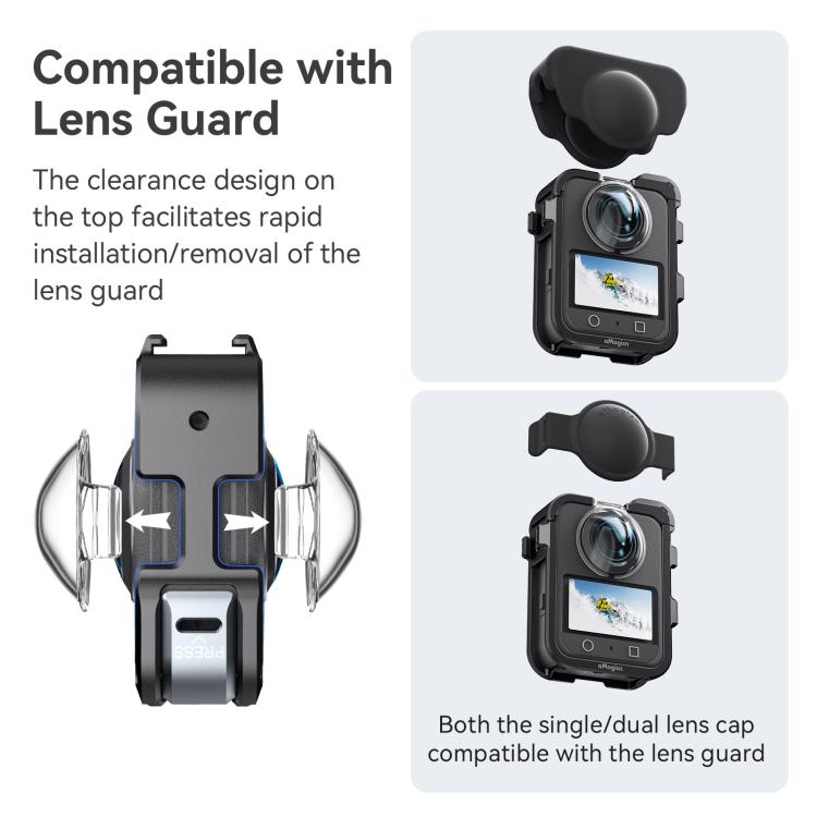 Jaula metálica de liberación rápida AMagisn para DJI Osmo 360 con tapas de lente dobles/individuales y soporte para cámara.