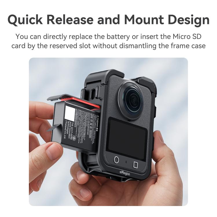 Jaula metálica de liberación rápida AMagisn para DJI Osmo 360 con tapas de lente dobles/individuales y soporte para cámara.