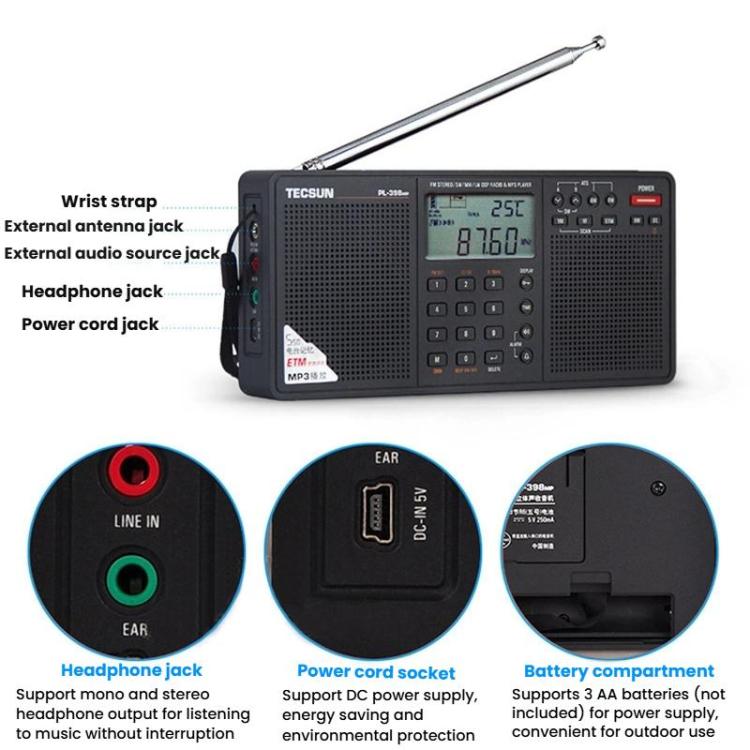 Radio portátil estéreo de banda completa TECSUN PL-398MP con sintonización digital y compatibilidad con reproducción de tarjeta SD., PL-398MP