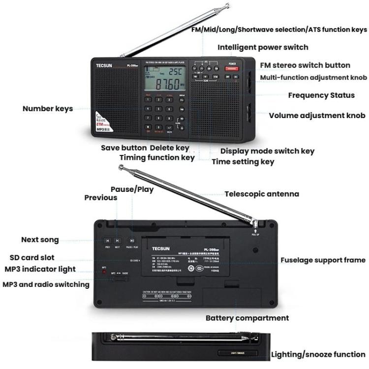 Radio portátil estéreo de banda completa TECSUN PL-398MP con sintonización digital y compatibilidad con reproducción de tarjeta SD., PL-398MP