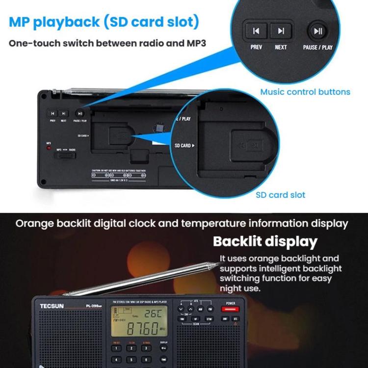 Radio portátil estéreo de banda completa TECSUN PL-398MP con sintonización digital y compatibilidad con reproducción de tarjeta SD., PL-398MP