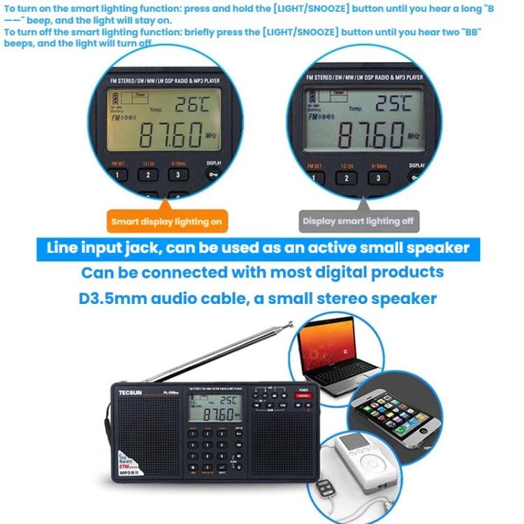 Radio portátil estéreo de banda completa TECSUN PL-398MP con sintonización digital y compatibilidad con reproducción de tarjeta SD., PL-398MP