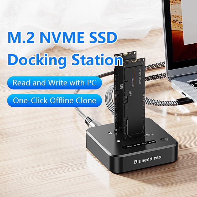 Estación de acoplamiento Blueendless SD08A para SSD M.2 NVMe, carcasa externa de doble bahía USB 3.2 Gen2 de 10 Gbps con función de clonación sin conexión con un solo botón., US Plug, EU Plug, UK Plug