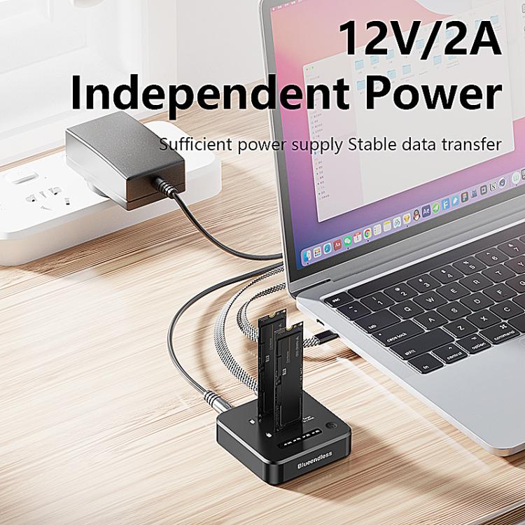 Estación de acoplamiento Blueendless SD08A para SSD M.2 NVMe, carcasa externa de doble bahía USB 3.2 Gen2 de 10 Gbps con función de clonación sin conexión con un solo botón., US Plug, EU Plug, UK Plug