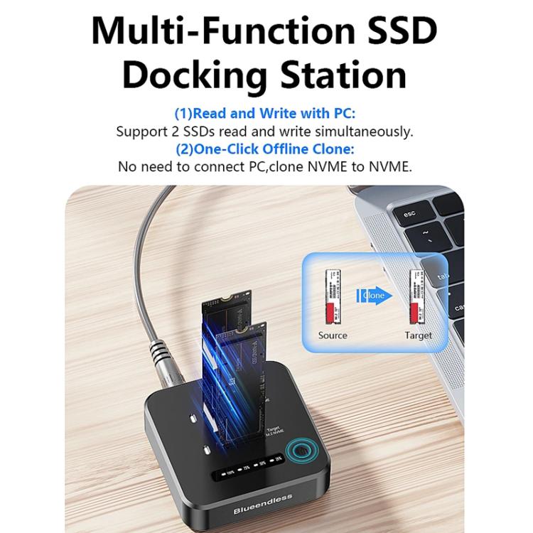 Estación de acoplamiento Blueendless SD08A para SSD M.2 NVMe, carcasa externa de doble bahía USB 3.2 Gen2 de 10 Gbps con función de clonación sin conexión con un solo botón., US Plug, EU Plug, UK Plug