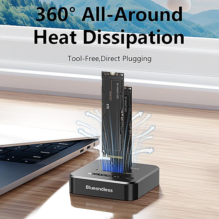 Estación de acoplamiento Blueendless SD08A para SSD M.2 NVMe, carcasa externa de doble bahía USB 3.2 Gen2 de 10 Gbps con función de clonación sin conexión con un solo botón., US Plug, EU Plug, UK Plug