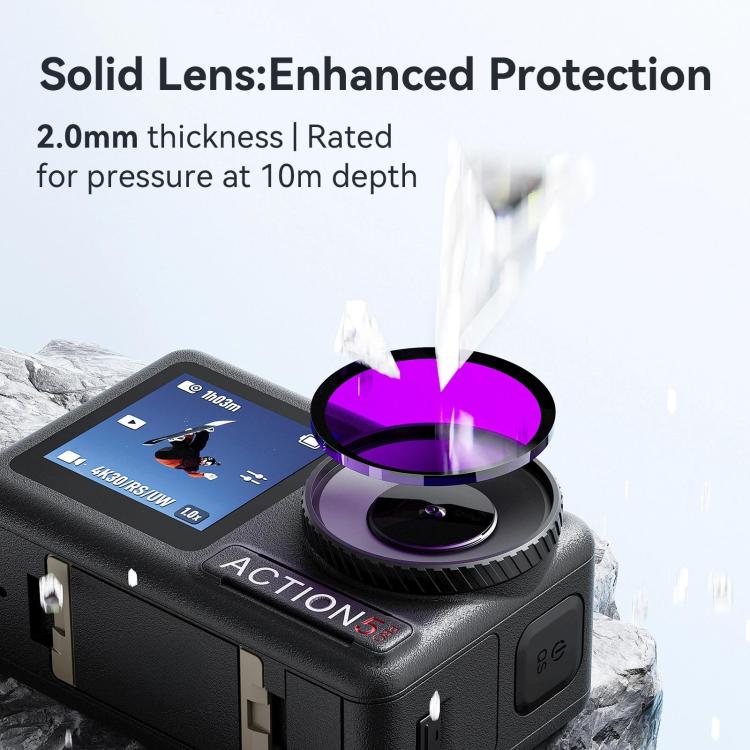 Lente de filtro de buceo antivaho aMagisn para DJI Osmo Action 5 Pro / Action 4, perfectamente adaptada a carcasas impermeables.