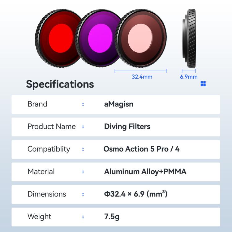 Lente de filtro de buceo antivaho aMagisn para DJI Osmo Action 5 Pro / Action 4, perfectamente adaptada a carcasas impermeables.