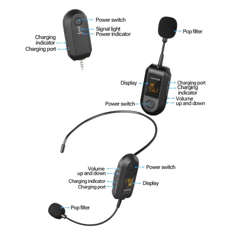 Amplificador de micrófono inalámbrico 2.4G, micrófono portátil, 1 In 1 Lapel Clip, 1 In 1 Headwear, 1 In 2 Lapel Clip, 1 In 2 Headwear