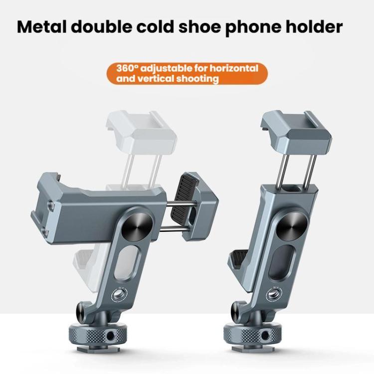 Soporte para teléfono de aleación de aluminio con doble cabezal y zapata fría, con dos orificios para tornillos de 1/4 de pulgada para tomas con inclinación horizontal/vertical., PH-18