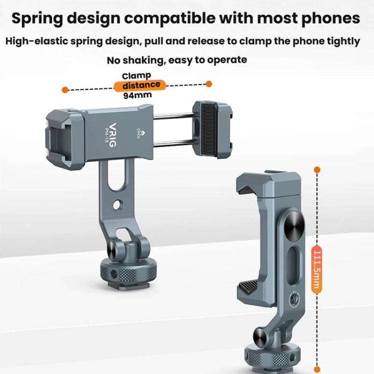 Soporte para teléfono de aleación de aluminio con doble cabezal y zapata fría, con dos orificios para tornillos de 1/4 de pulgada para tomas con inclinación horizontal/vertical., PH-18
