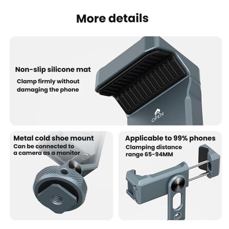 Soporte para teléfono de aleación de aluminio con doble cabezal y zapata fría, con dos orificios para tornillos de 1/4 de pulgada para tomas con inclinación horizontal/vertical., PH-18