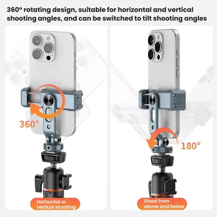 Soporte para teléfono de aleación de aluminio con doble cabezal y zapata fría, con dos orificios para tornillos de 1/4 de pulgada para tomas con inclinación horizontal/vertical., PH-18