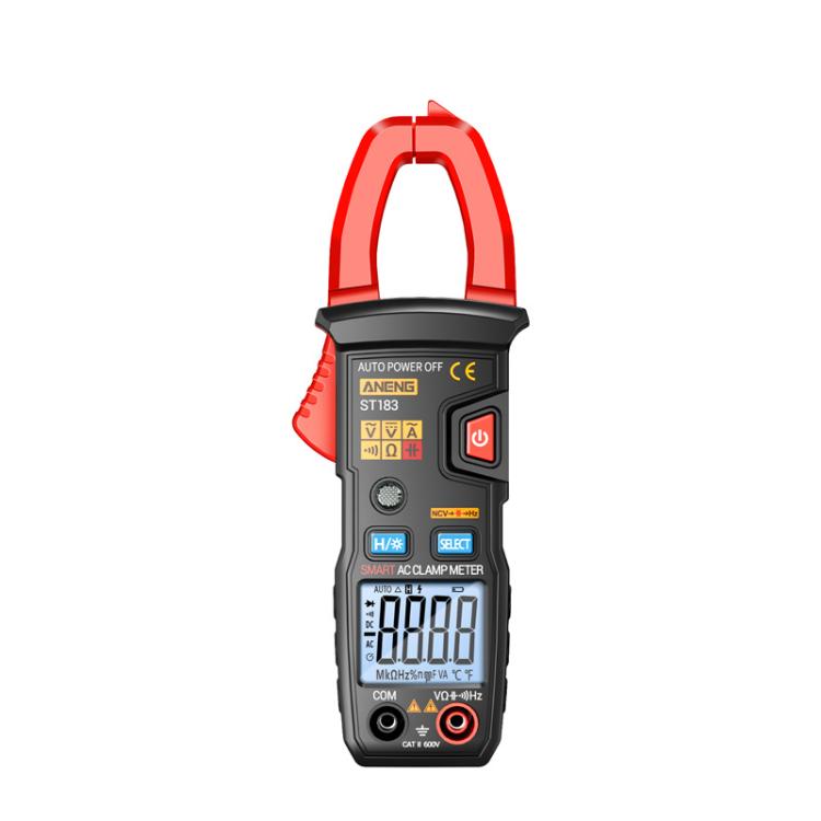 Pinza amperimétrica digital ANENG ST183 600A con NCV, 4000 cuentas, prueba de continuidad/resistencia/capacitancia/diodo, alarma sonora y visual.