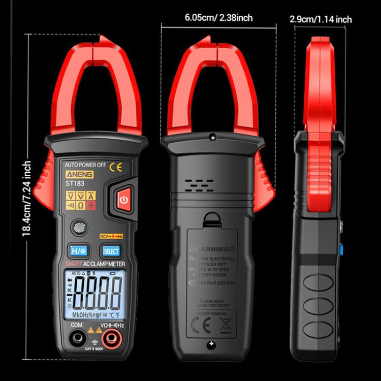 Pinza amperimétrica digital ANENG ST183 600A con NCV, 4000 cuentas, prueba de continuidad/resistencia/capacitancia/diodo, alarma sonora y visual.