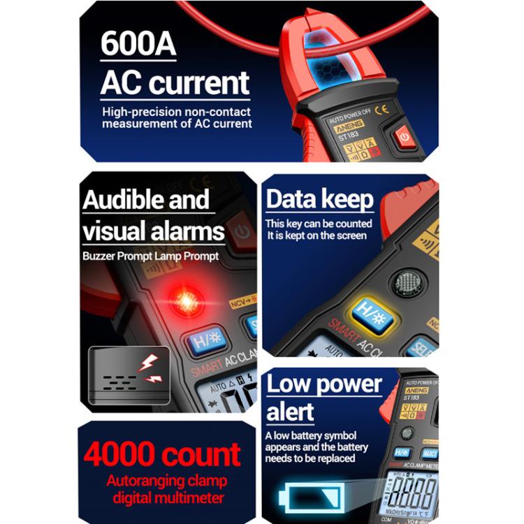 Pinza amperimétrica digital ANENG ST183 600A con NCV, 4000 cuentas, prueba de continuidad/resistencia/capacitancia/diodo, alarma sonora y visual.