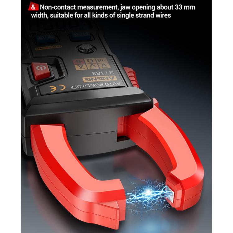 Pinza amperimétrica digital ANENG ST183 600A con NCV, 4000 cuentas, prueba de continuidad/resistencia/capacitancia/diodo, alarma sonora y visual.