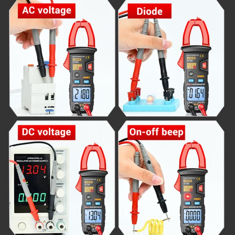 Pinza amperimétrica digital ANENG ST183 600A con NCV, 4000 cuentas, prueba de continuidad/resistencia/capacitancia/diodo, alarma sonora y visual.