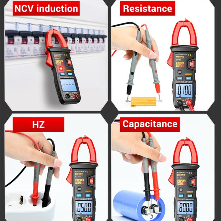 Pinza amperimétrica digital ANENG ST183 600A con NCV, 4000 cuentas, prueba de continuidad/resistencia/capacitancia/diodo, alarma sonora y visual.