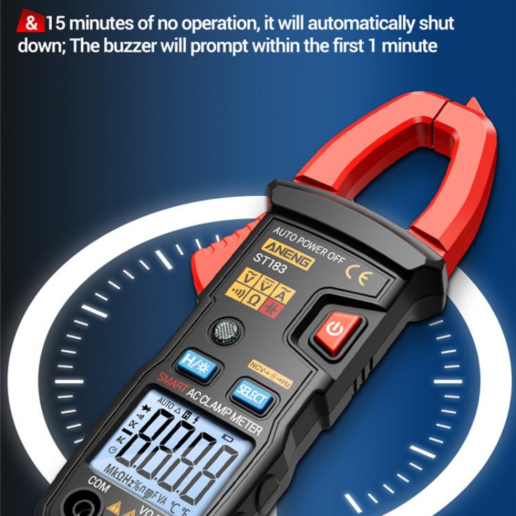 Pinza amperimétrica digital ANENG ST183 600A con NCV, 4000 cuentas, prueba de continuidad/resistencia/capacitancia/diodo, alarma sonora y visual.
