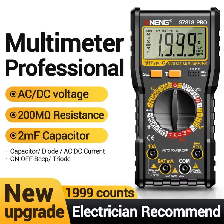 Multímetro digital con comprobador de voltaje con detección NCV para corriente/voltaje CA/CC, triodo hFE y herramienta de prueba de condensadores., ANENG SZ818, ANENG SZ818 Pro  Rechargeable