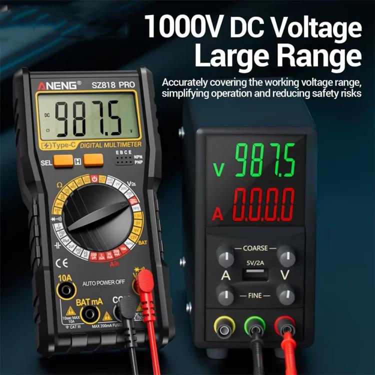 Multímetro digital con comprobador de voltaje con detección NCV para corriente/voltaje CA/CC, triodo hFE y herramienta de prueba de condensadores., ANENG SZ818, ANENG SZ818 Pro  Rechargeable