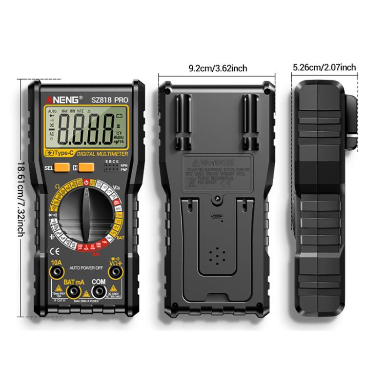 Multímetro digital con comprobador de voltaje con detección NCV para corriente/voltaje CA/CC, triodo hFE y herramienta de prueba de condensadores., ANENG SZ818, ANENG SZ818 Pro  Rechargeable