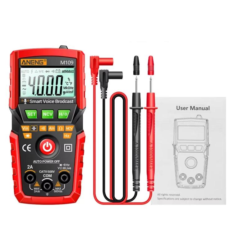 Multímetro digital ANENG M109 con guía de voz, 4000 cuentas, detección NCV, comprobador de capacitancia/resistencia/voltaje/corriente.