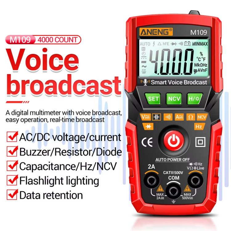 Multímetro digital ANENG M109 con guía de voz, 4000 cuentas, detección NCV, comprobador de capacitancia/resistencia/voltaje/corriente.