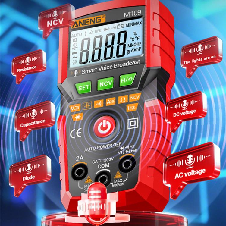 Multímetro digital ANENG M109 con guía de voz, 4000 cuentas, detección NCV, comprobador de capacitancia/resistencia/voltaje/corriente.