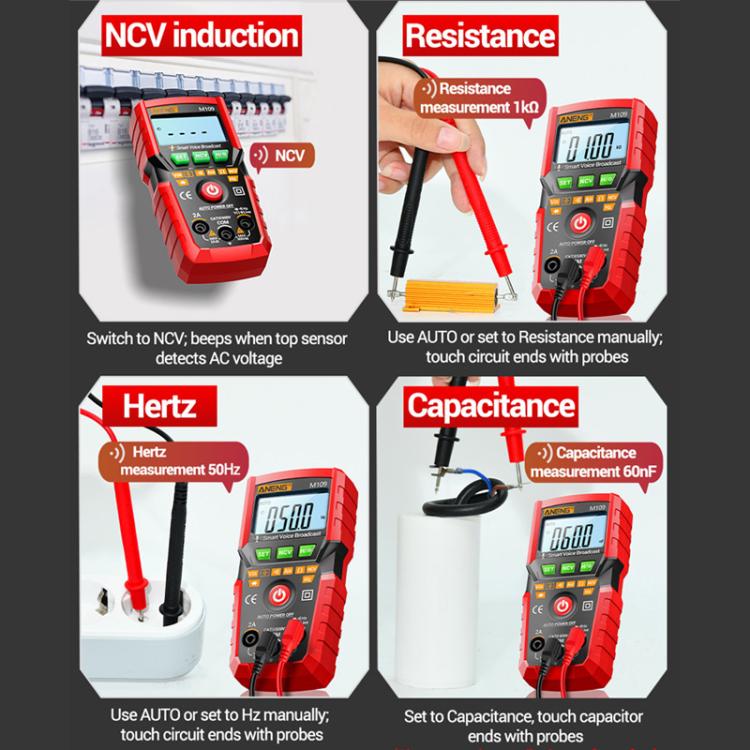 Multímetro digital ANENG M109 con guía de voz, 4000 cuentas, detección NCV, comprobador de capacitancia/resistencia/voltaje/corriente.
