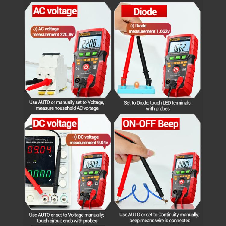 Multímetro digital ANENG M109 con guía de voz, 4000 cuentas, detección NCV, comprobador de capacitancia/resistencia/voltaje/corriente.