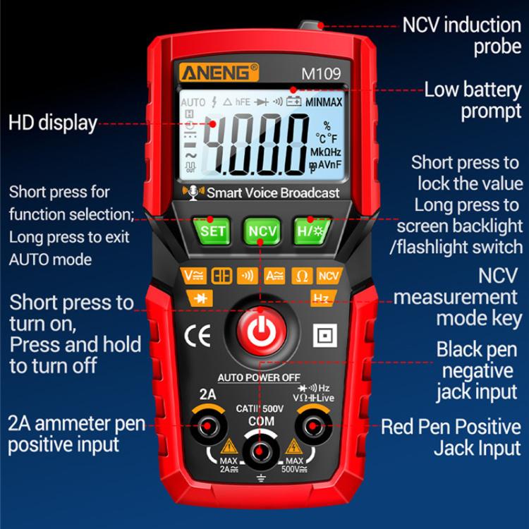 Multímetro digital ANENG M109 con guía de voz, 4000 cuentas, detección NCV, comprobador de capacitancia/resistencia/voltaje/corriente.