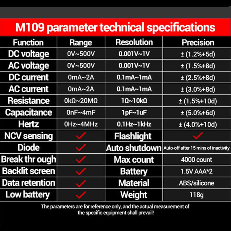 Multímetro digital ANENG M109 con guía de voz, 4000 cuentas, detección NCV, comprobador de capacitancia/resistencia/voltaje/corriente.