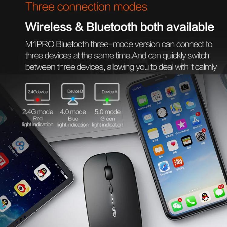Ratón inalámbrico Bluetooth recargable Inphic M1 PRO con tres modos, función de silencio e indicador de nivel de batería.