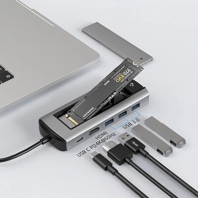 Estación de acoplamiento 6 en 1 Tipo-C/USB-C a PD+HDMI (4K 30 Hz) +USB 3.0 x 3+SSD SATA/NVMe, 6-In-1 SATA/NVME