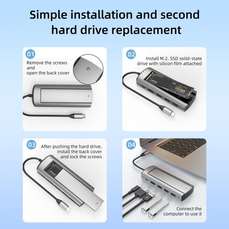Estación de acoplamiento 6 en 1 Tipo-C/USB-C a PD+HDMI (4K 30 Hz) +USB 3.0 x 3+SSD SATA/NVMe, 6-In-1 SATA/NVME