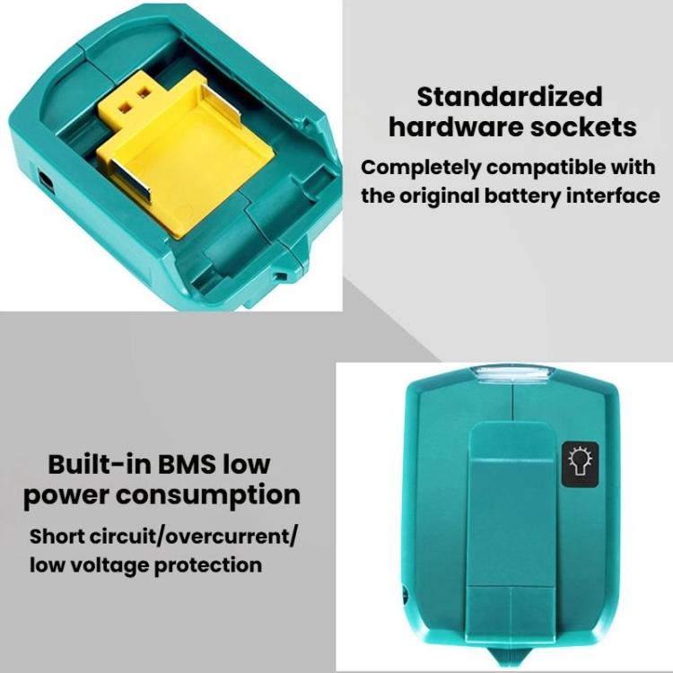 Adaptador para batería de litio Makita de 14,4 V/18 V con iluminación LED, Dual USB + DC