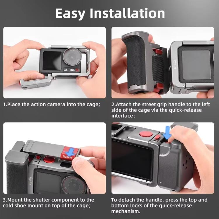 Kit de empuñadura Flymile Street Shooting para cámara de acción DJI Osmo Action 5 Pro/4/3, jaula de expansión de aluminio., AC5015 Cage