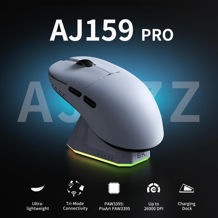 Ratón para juegos Ajazz AJ159PRO con cable, 2.4G y Bluetooth, con tres modos de funcionamiento y base de carga magnética.