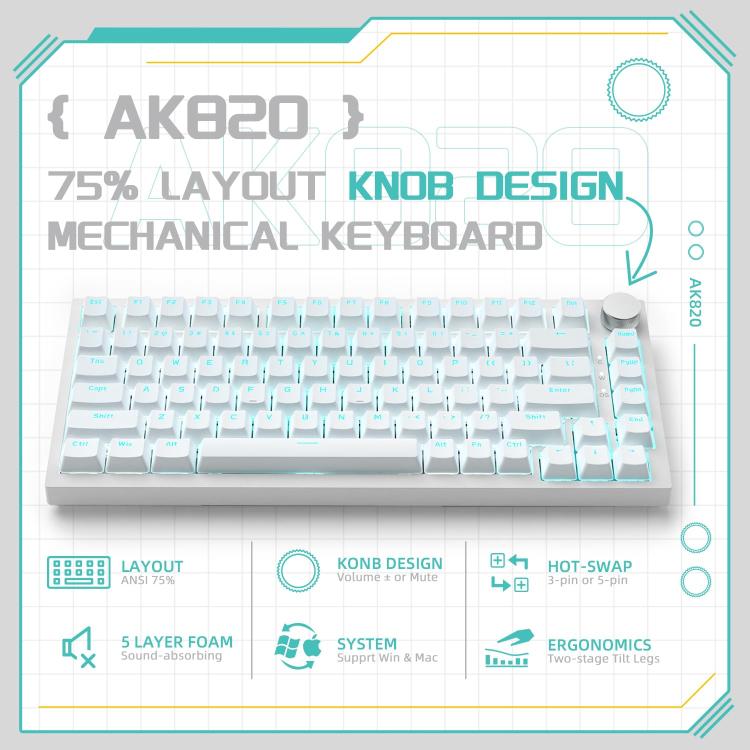 Teclado mecánico con cable Ajazz AK820 con interruptores intercambiables en caliente y luz, Green Switch Ice Blue Light White, Red Switch White Light Black, AS Red Switch White Light Gray White, HP Switch White Light White Gray                         ...