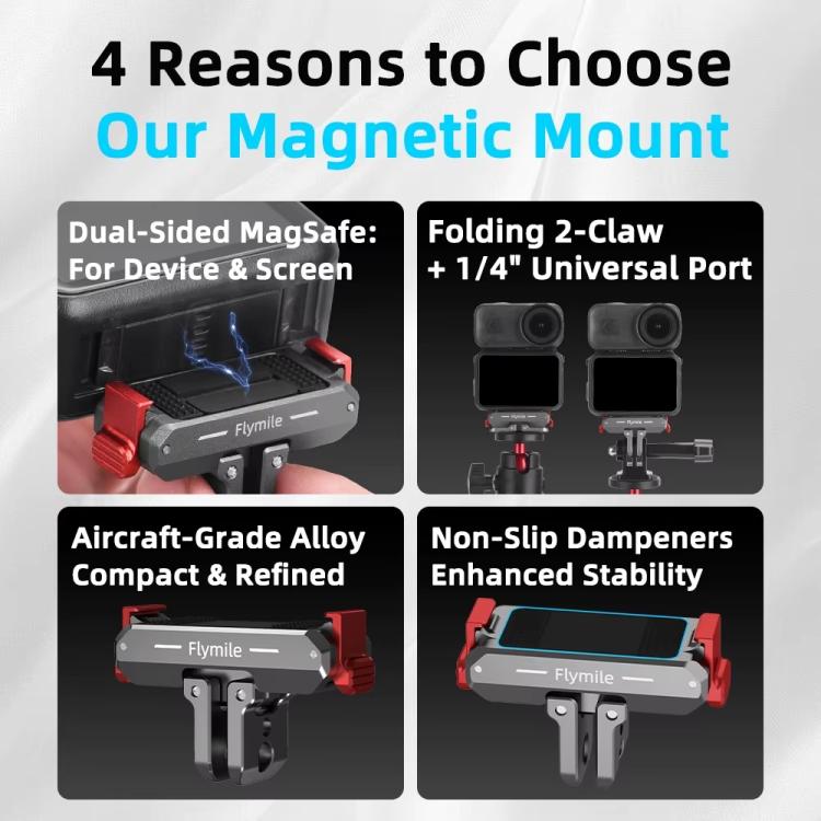 Soporte de extensión plegable de dos mordazas con base magnética de liberación rápida Flymile para cámaras de acción DJI Osmo Nano, Metal
