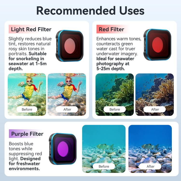 Filtro de buceo aMagisn para GoPro HERO13 Black /12 Black /11 Black /11 Black mini /10 Black /9 Black