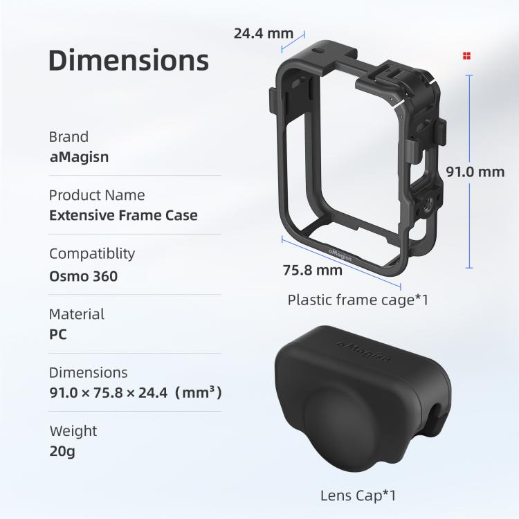 Jaula de expansión aMagisn para DJI Osmo 360, marco de plástico con tapa para lente.