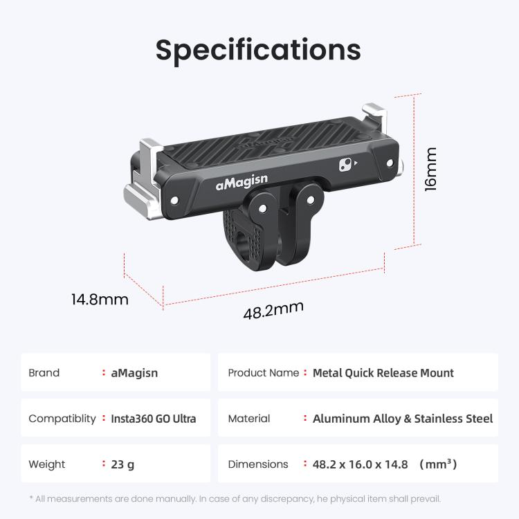 Adaptador magnético de liberación rápida de metal AMagisn para cámara Insta360 Go Ultra con rosca de 1/4 de pulgada.