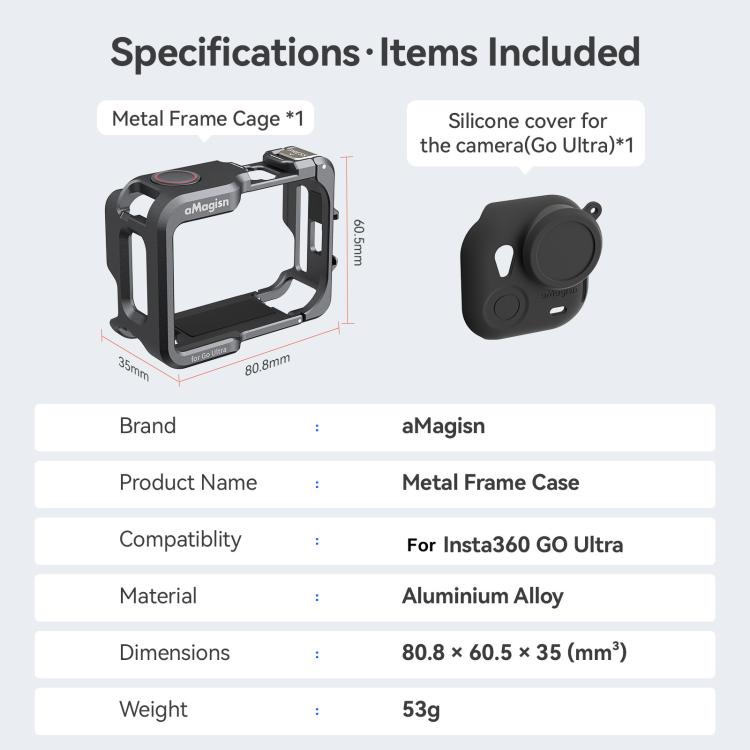 Jaula metálica AMagisn para Insta360 GO Ultra Quick Release con marco protector y cubierta de silicona.
