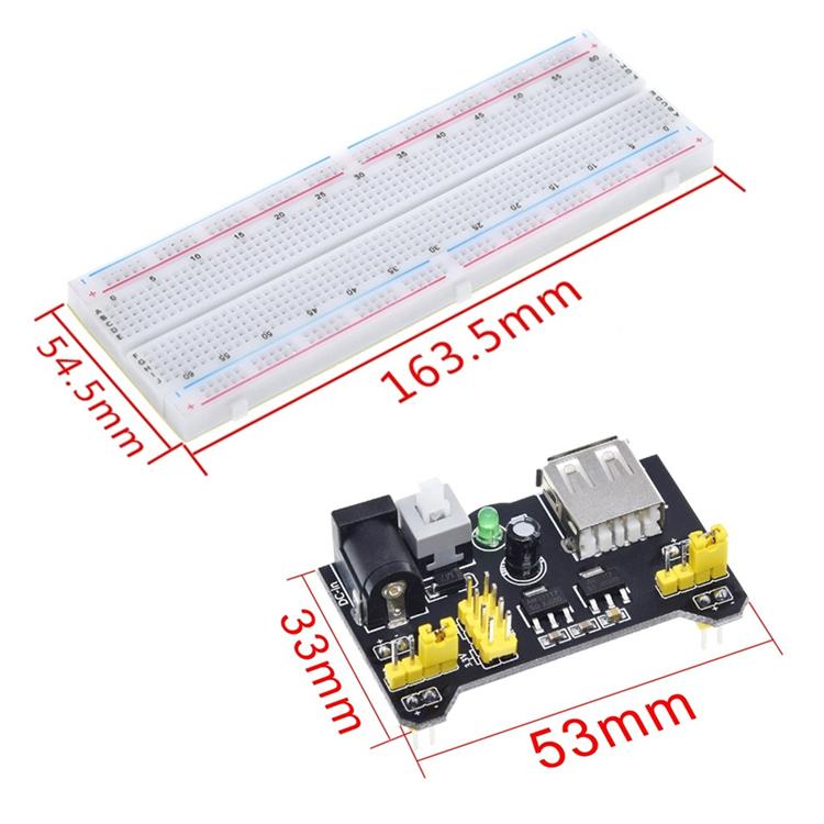 Protoboard MB-102 de 830 orificios + Módulo de alimentación + 65 cables para protoboard