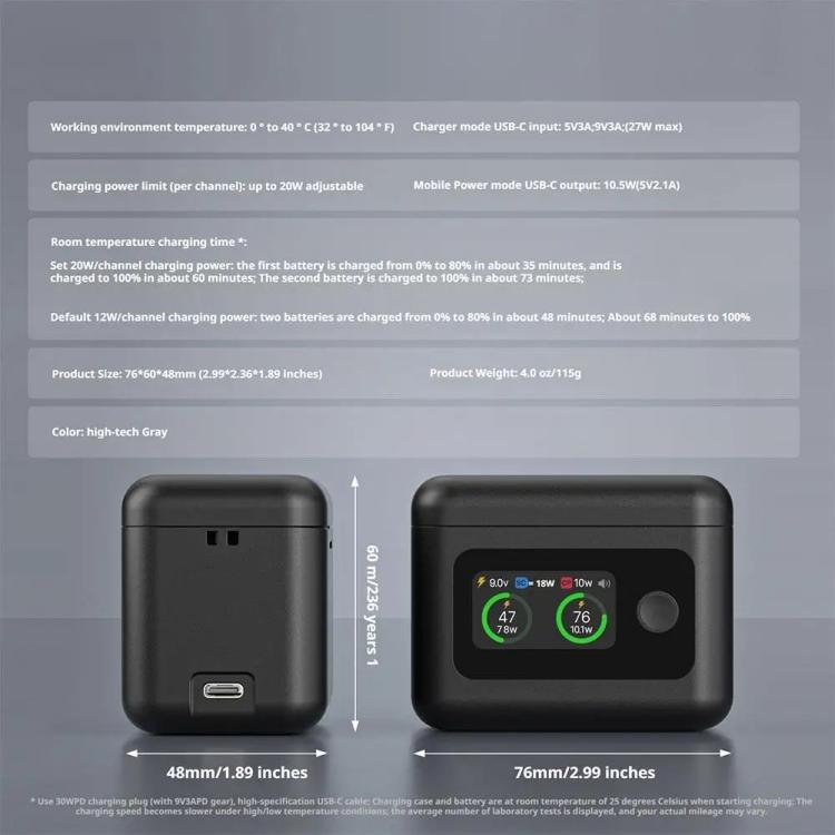 Concentrador de carga de batería SYMIK para estación de carga Insta360 X5, administrador de energía portátil con pantalla LCD de 1,47 pulgadas., For Insta360 X5
