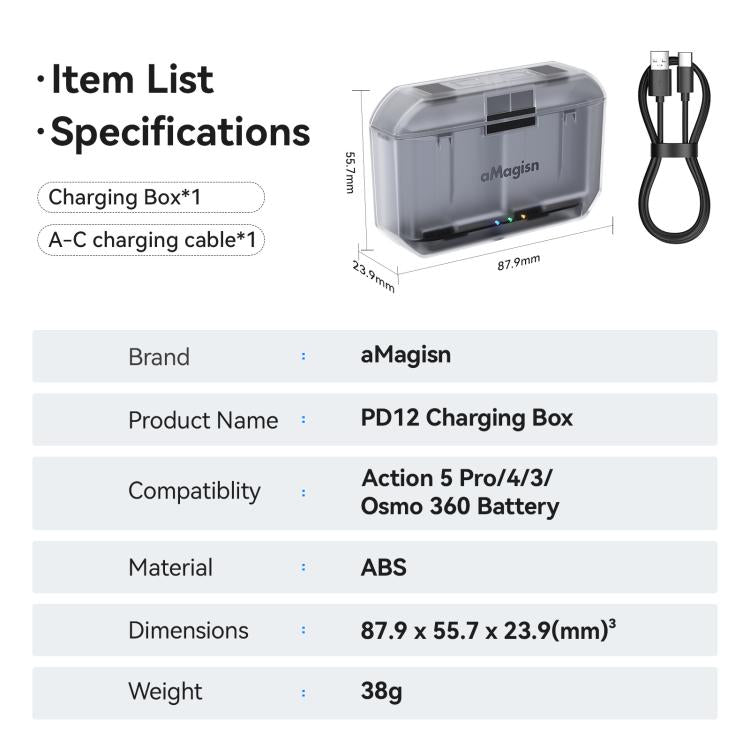 Estuche de carga y cargador de batería AMagisn PD12 para DJI Osmo 360/ Action 5 Pro / 4 / 3, PD12