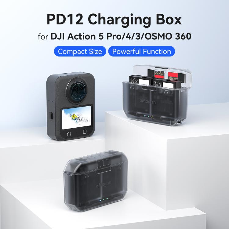Estuche de carga y cargador de batería AMagisn PD12 para DJI Osmo 360/ Action 5 Pro / 4 / 3, PD12